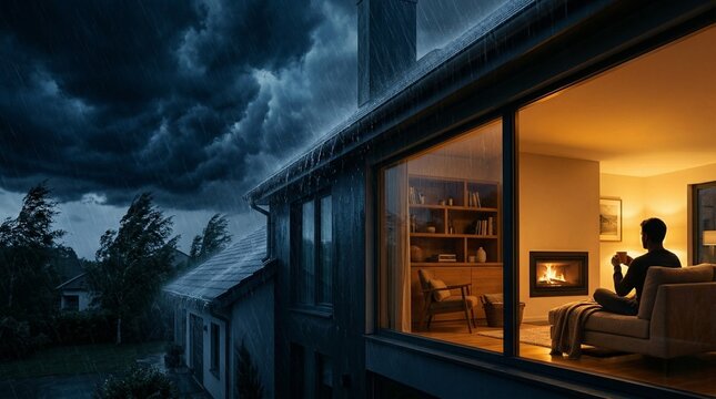 Property insurance protection storm outside safe warm interior copy space