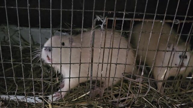 Two small beige guinea pigs in cage standing curious trying to open bars cute pets