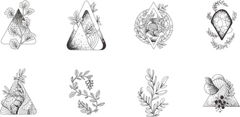 Botanical triangle icons, leafy teepees, floral illustrations, black and white vector graphics © Jihadul