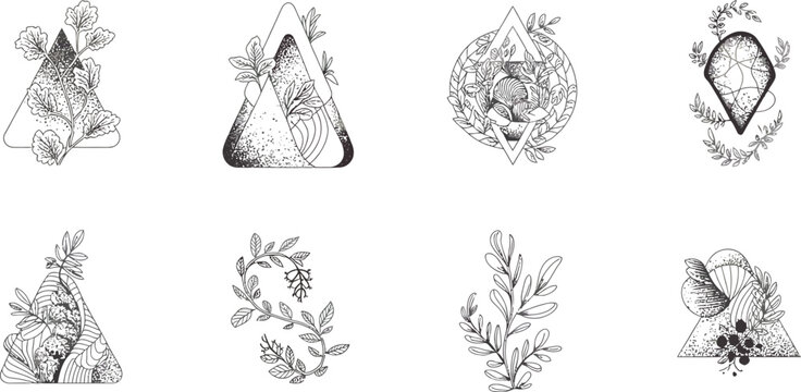 Botanical triangle icons, leafy teepees, floral illustrations, black and white vector graphics