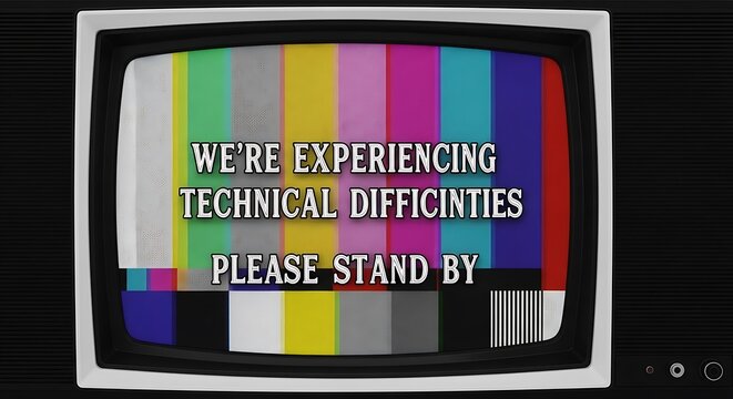 A vintage television screen displaying a message about technical difficulties with a pixelated background