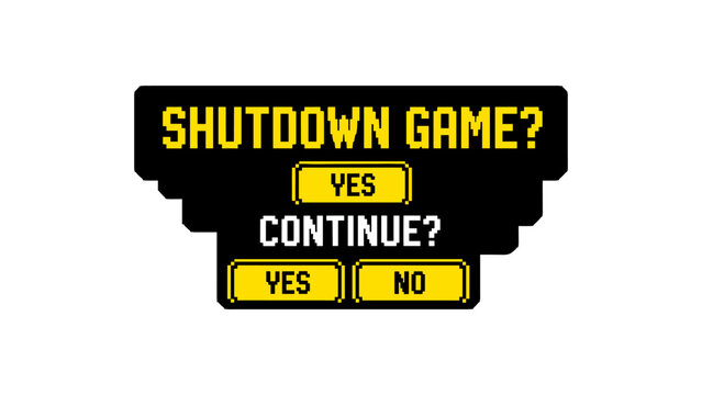 Retro pixel art game menu with shutdown and continue options