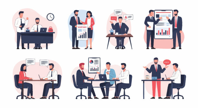 Business meeting and discussion scenes with charts and graphs.