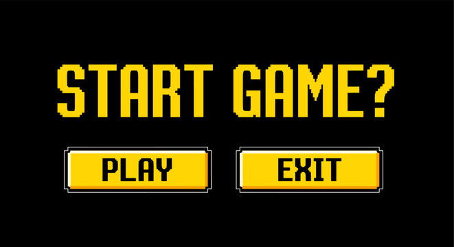 Retro pixel art game screen with start and exit buttons on black background