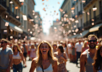 Obraz premium Joyful Crowd Celebrating with Confetti on a Vibrant City Street Parade