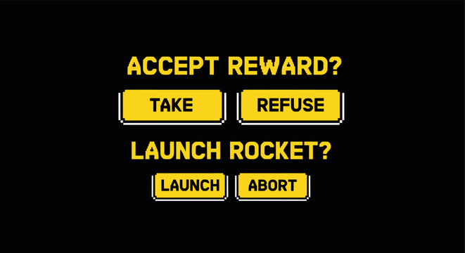 Retro pixel art menu buttons for video games: accept, refuse, launch, abort