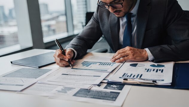Executive scrutinizing longterm award proposals with documents in sharp focus surrounding office setting deliberately blurred.