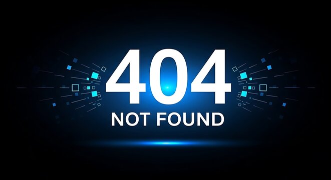 The digital depiction of a 404 error page with a futuristic and pixelated design theme