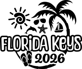 Obraz premium Florida Keys 2026 with Vacation and Trip Elements - Palm Tree Sunglasses Dolphin
