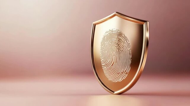 Golden shield with fingerprint symbol on subtle pink background reflecting security and identity