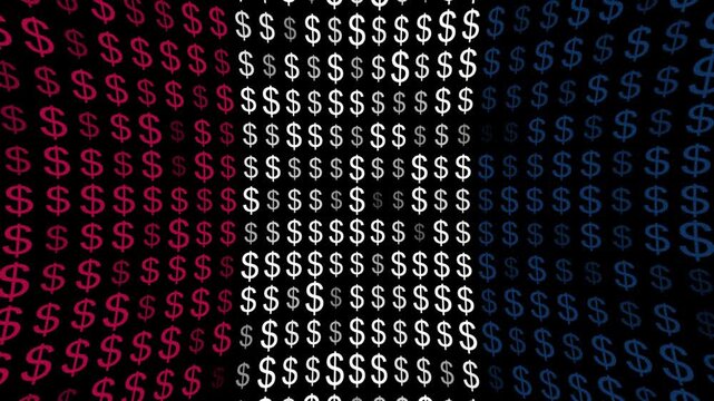 A pattern of flashing dollar signs in U.S. flag red, white and blue colors. USD currency symbol animation suitable for business, economics and finance projects. Full HD looping animation.
