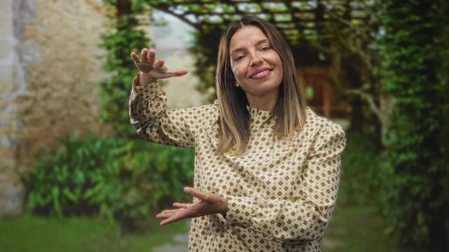 Woman gesturing with palms apart, holding an invisible object between hands in a building courtyard; calm contentment.
