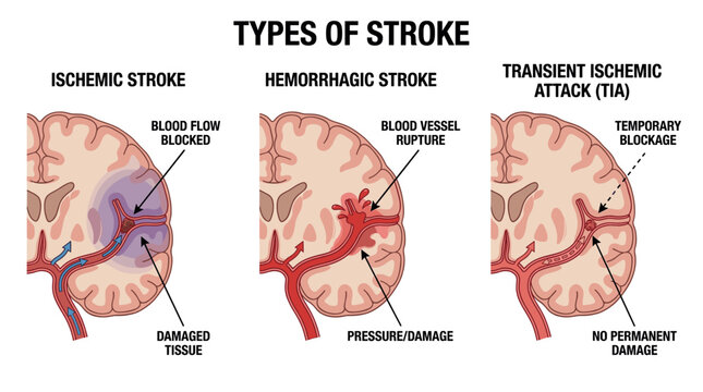Medical illustration of the three types of stroke: ischemic, hemorrhagic, and transient ischemic attack (TIA) in the human brain. Concept of cerebrovascular health and emergency medicine