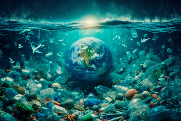 Obraz premium Environmental pollution. Plastic waste in the ocean. Planet Earth suffers. Nature disaster