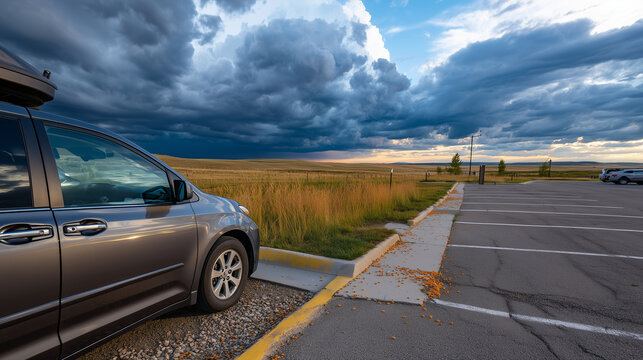 Desolate rest stop parking lot with minivan door open, kids' legs dangling out, scattered goldfish crackers on pavement, dramatic storm clouds gathering over prairie landscape beyo