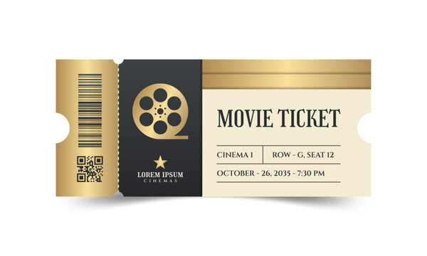 Luxury movie ticket design with gold and black cinema theme