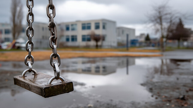 Rain-drenched playground equipment with single backpack hanging on swing chain, puddles reflecting overcast sky, empty school building looming in background, desolate April afterno