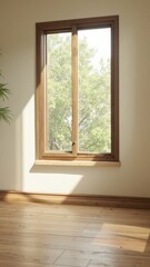 Fototapeta premium A wooden interior sunlit through large windows. The floor is made of wood planks.