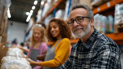 Fototapeta premium Multicultural senior volunteers organizing donation items in community food bank warehouse, shelving units filled with supplies, collaborative atmosphere under fluorescent lighting