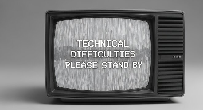 An outdated television screen displaying technical difficulties message with pixelation and static interference