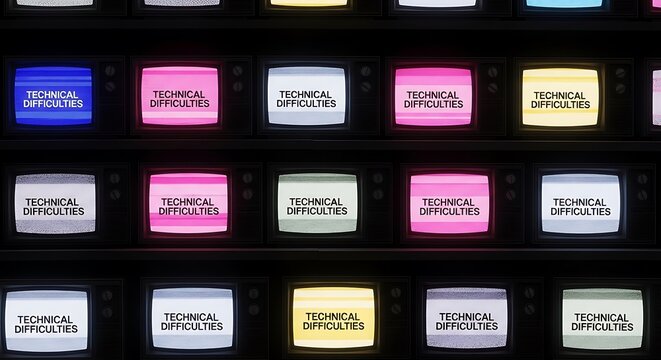 Analyzing visual elements of repeated technical difficulty messages displayed on vintage television screens