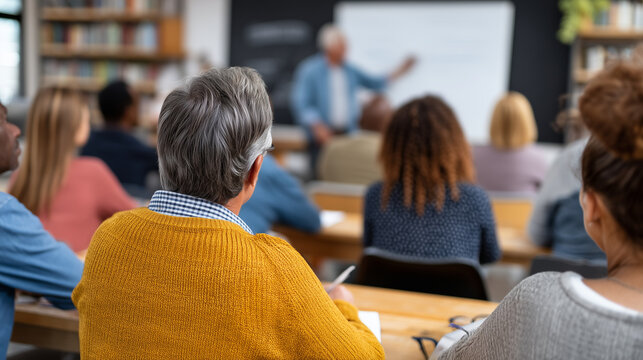Retired couple attending financial literacy workshop at public library, instructor at whiteboard explaining retirement account options, diverse attendees taking notes, ideal for mo