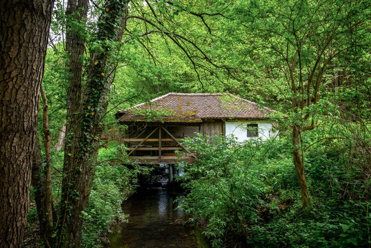 Old abandoned watermill on the Gradac River, in a popular picnic spot near Valjevo, a town in Serbia.
