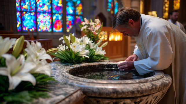 Church deacon pours baptismal water into marble font before ceremony, white lilies arranged around basin, stained glass filtering colored light across stone floor, perfect for Chri
