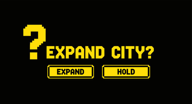 Retro pixel gaming interface with expansion decision buttons
