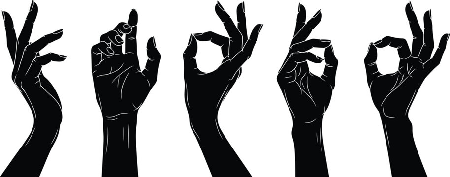 Five black silhouetted hands displaying various hand gestures and mudras