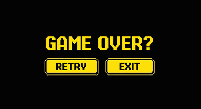 Retro pixel art game over screen with retry and exit buttons on black background