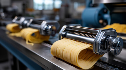 Naklejka premium Pasta extrusion dies push fresh dough into traditional shapes, stainless steel commercial equipment in Earth Day sustainable food facility processing organic ingredients, perfect f