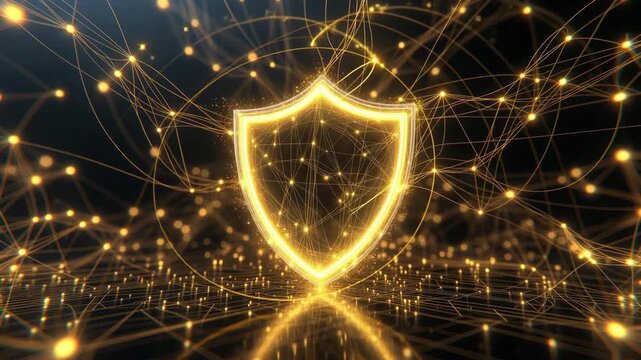 A glowing shield amid luminous digital lines in a futuristic style on a dark background, conveying strong cybersecurity protection