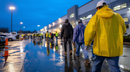 Obraz premium Workers exit factory at twilight carrying lunch boxes, rain-soaked parking lot reflecting blue hour sky and facility lights after shift completion in multicultural workforce, ideal