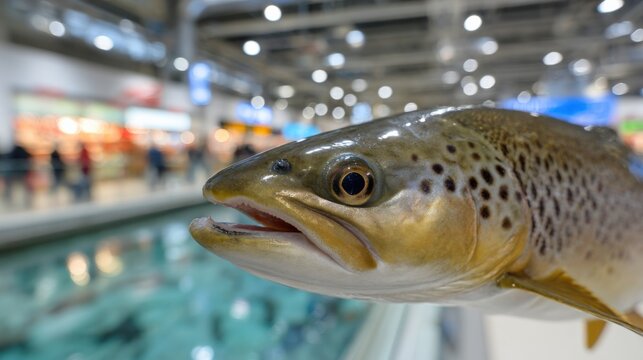 Close-up of brown trout in aquarium at public aquarium facility
