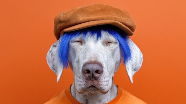 Dog with blue wig and cap against bright orange background
