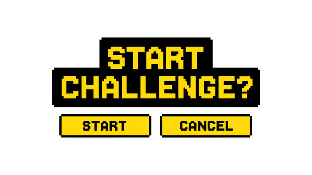 Retro pixel art start challenge button with cancel option