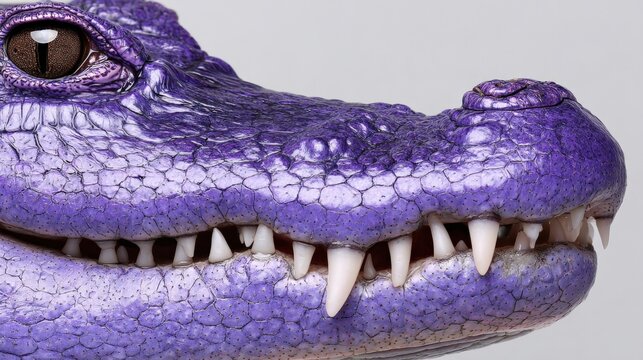 Close-up of purple alligator with detailed scales and sharp teeth