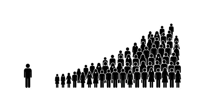 A minimalist depiction shows a growing crowd of black silhouettes illustrating scale and increasing numbers