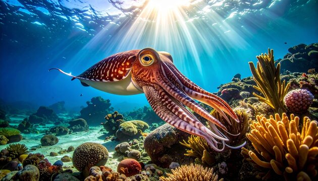 Underwater cuttlefish swimming gracefully, elongated body with striped patterns, tentacles extended, illuminated by light rays in serene marine scene.