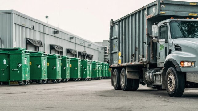 Industrial dumpster truck and row of green commercial dumpsters at warehouse loading area for waste management design, poster, background