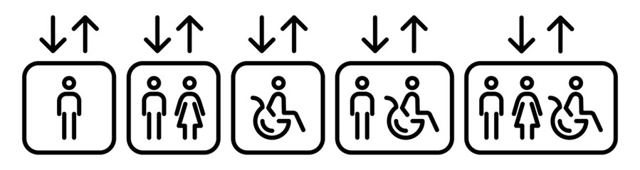 Outline elevator icon set with passenger capacity and wheelchair symbol. Lift pictograms showing accessible occupancy, navigation and inclusive wayfinding.  © IRYNA