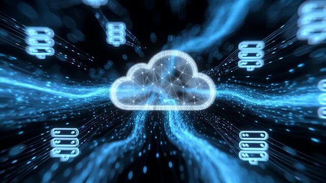 Cloud symbol with flowing blue data lines in futuristic style on dark background, concept of digital storage and connectivity