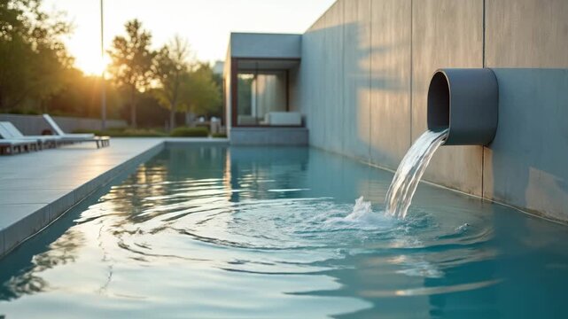 Water flowing into a modern swimming pool at sunset, creating ripples and a serene atmosphere in a luxurious outdoor setting.