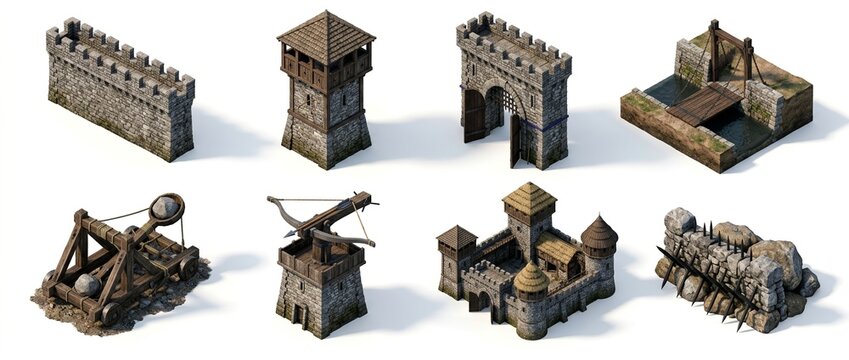 Isometric collection of medieval castle defense elements and siege weapons: walls, watchtowers, gate, drawbridge, catapult, ballista turret, and spiked barriers. Ideal for game assets.