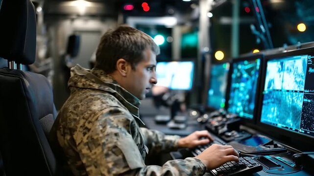 Faceless drone pilot in camouflaged uniform monitoring mission, defocused inside mobile armored control unit, LED-lit screens filled with real-time drone footage, with copy space