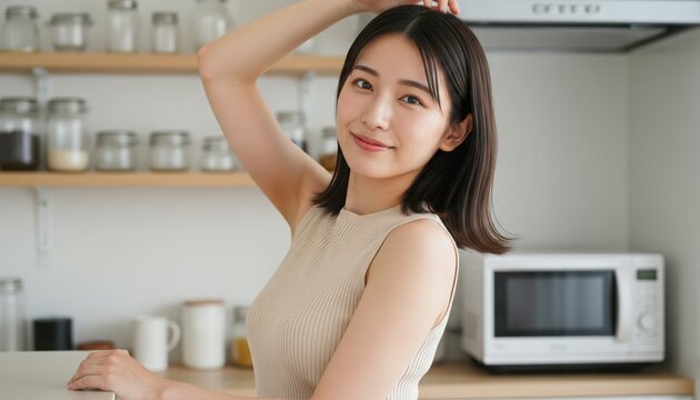 キッチンでくつろぎ腕を上げるノースリーブの女性