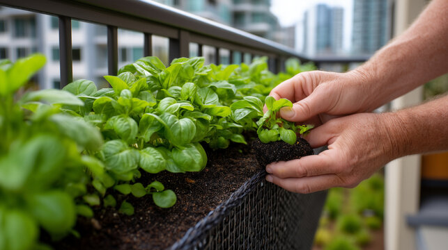 Hands planting seedlings in vertical wall garden system on cramped urban balcony with apartment buildings visible beyond metal railing, ideal for space-saving solutions, sustainabl