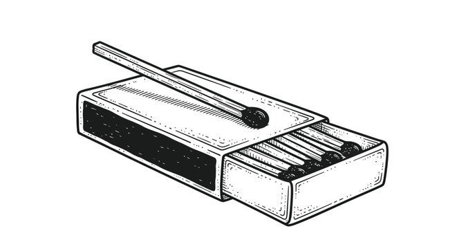 A black and white illustration depicts an open matchbox with a single match resting on top