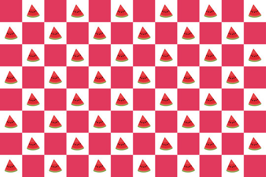 Watermelon checkered pattern background with pink squares and repeating fruit slices for summer design